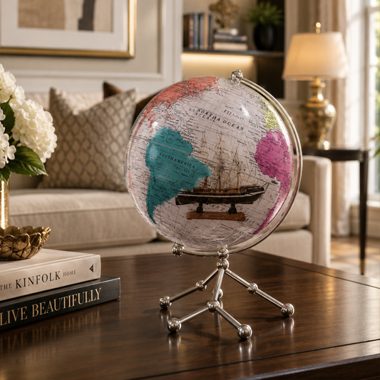 Vintage Nautical Desk Globe with Metal Stand | Antique World Map Decorative Globe