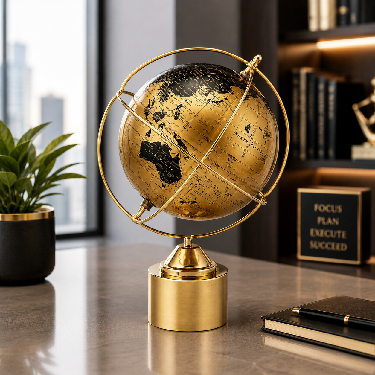 World Globe with Gold Ring and Metal Cylinder Base