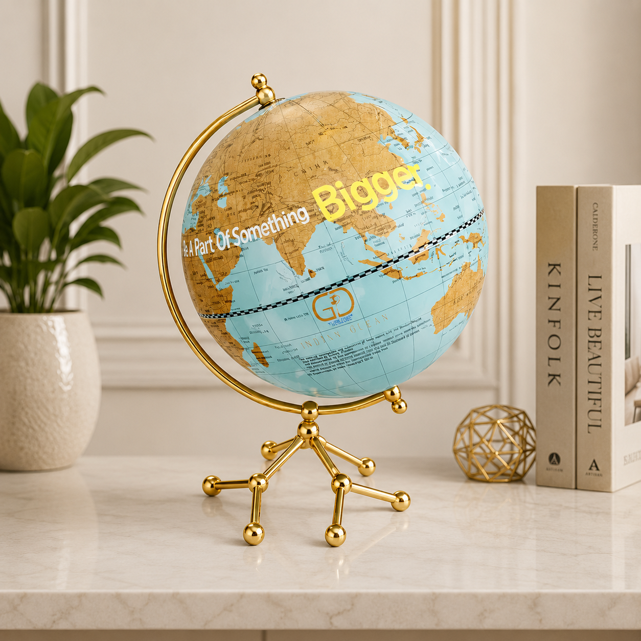 Sky Blue and Vintage Gold World Globe with Gold Designer Base