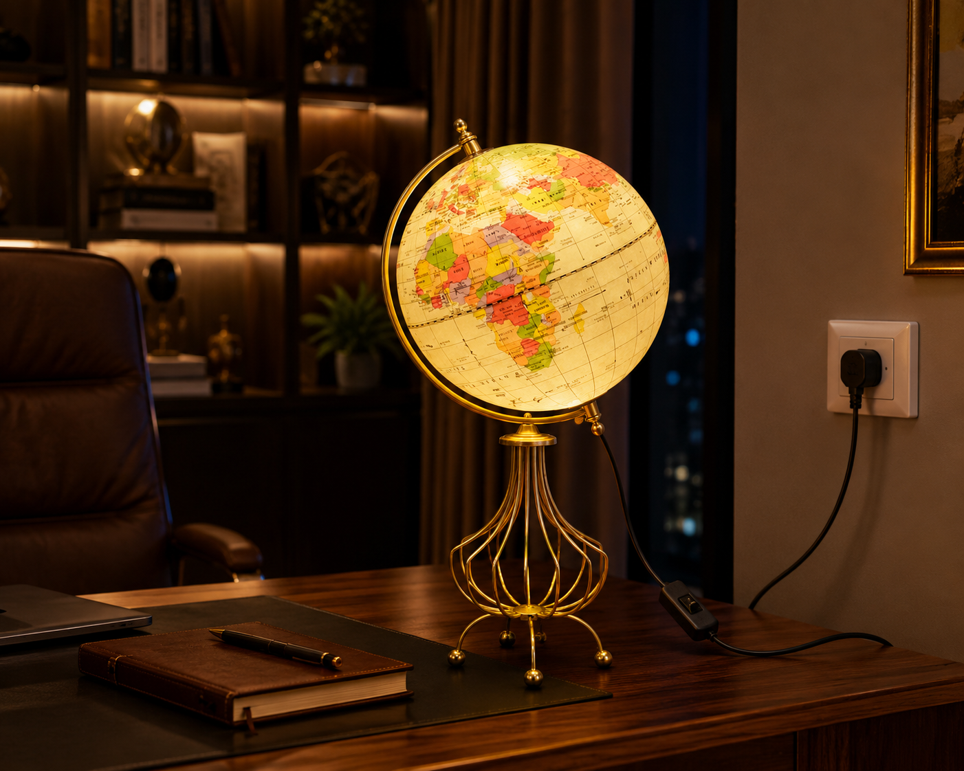 Illuminated Pastel Mint Political World Globe with Gold Wire Frame Stand