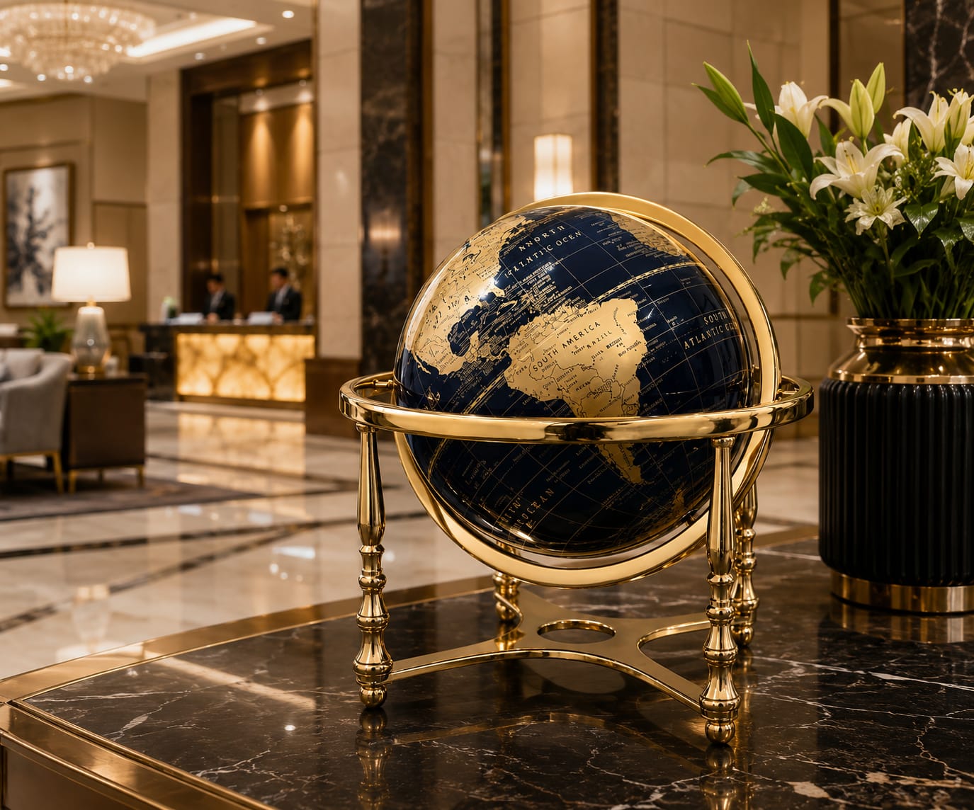 Midnight Blue World Globe with Antique Gold Metal Stand – Luxury Decorative Desk Globe