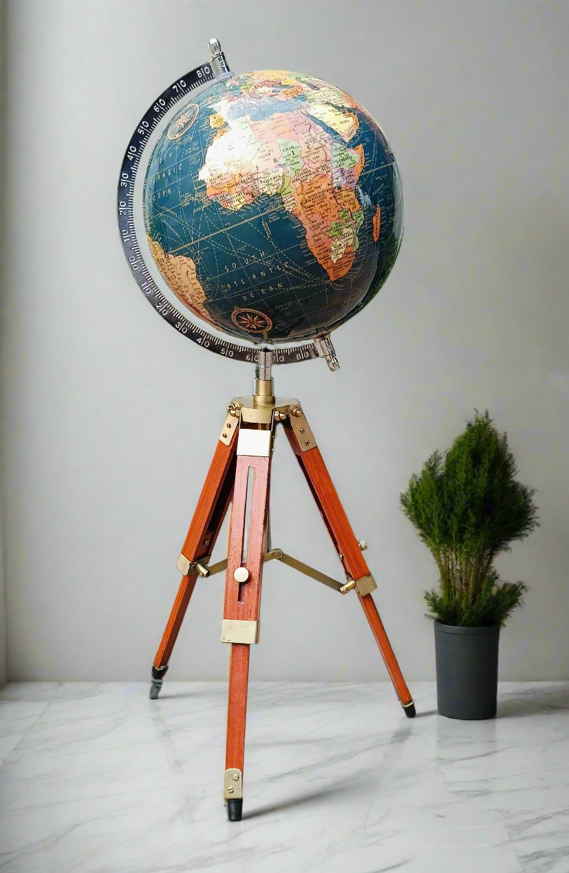 Handcrafted Blue Multicolour Rotating World Globe with Tripod Stand