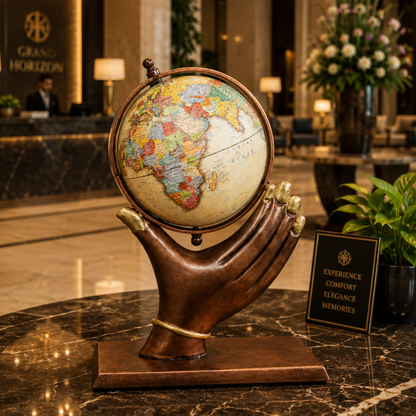 World Globe with Antique Bronze Hand Sculpture Base