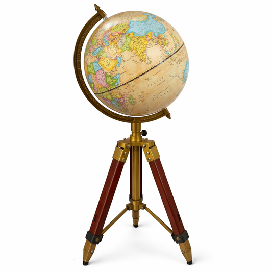 Vintage Political World Globe with Brass & Wooden Tripod Stand – Premium Decorative Desk Globe