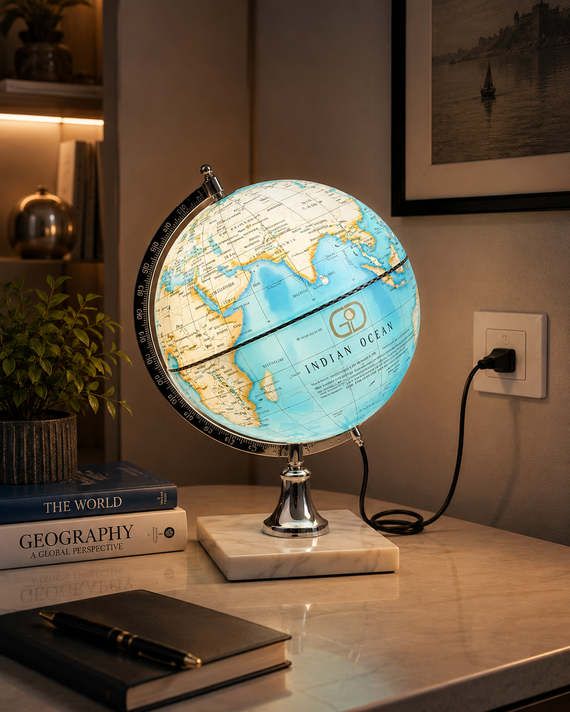 Ocean Blue Political World Globe with Chrome Meridian and White Marble Base
