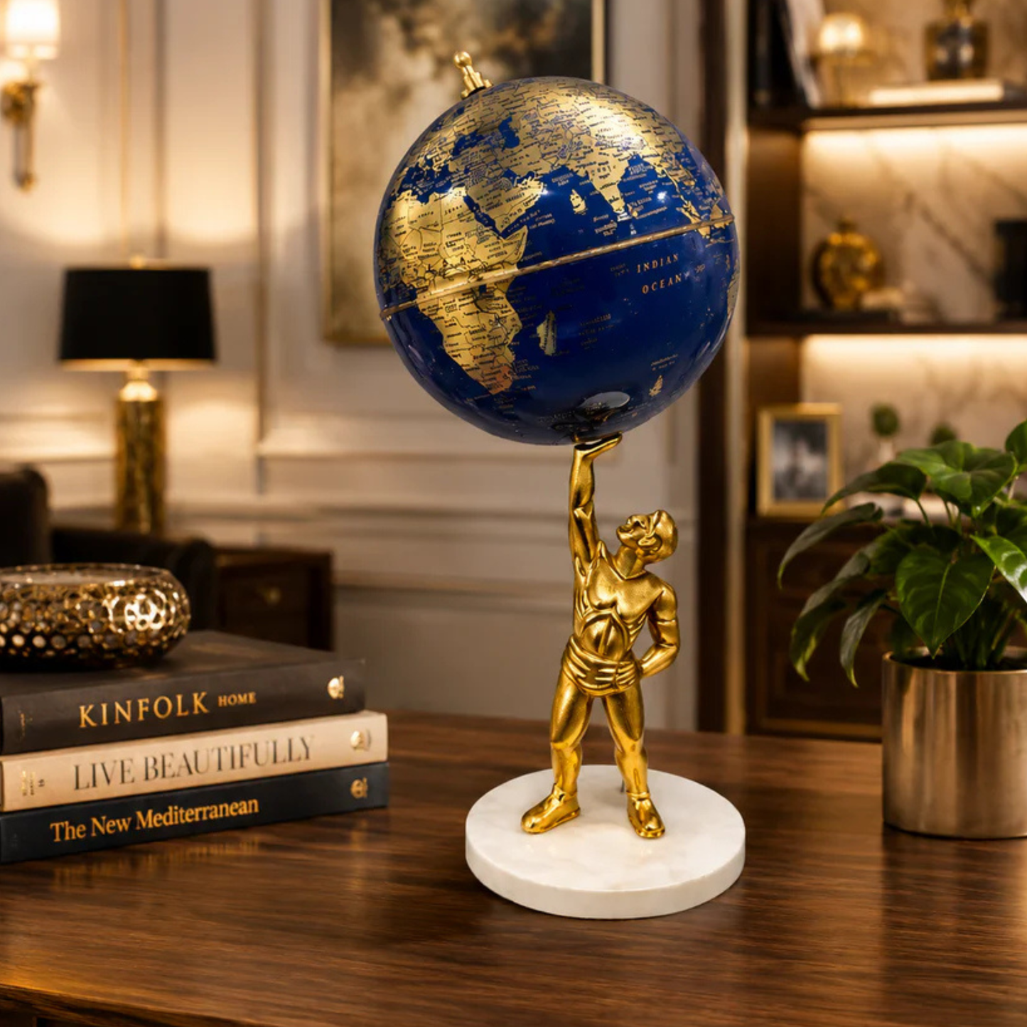 Midnight Blue and Gold World Globe with Atlas Sculpture Stand – Luxury Decorative Desk Globe