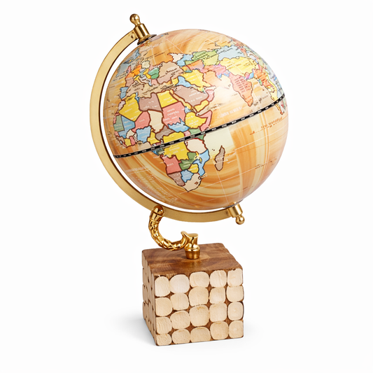 6 inch Golden Political World Globe with Decorative Wood Block Base