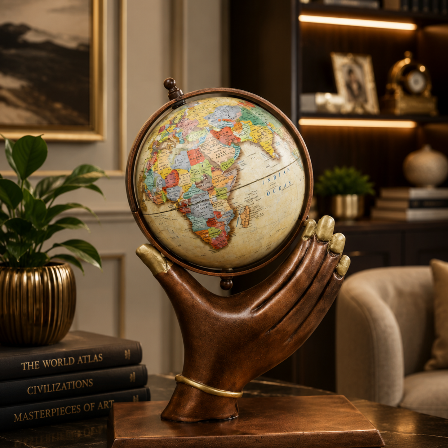 World Globe with Antique Bronze Hand Sculpture Base