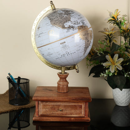 White Gold World Globe with Wooden Drawer Base