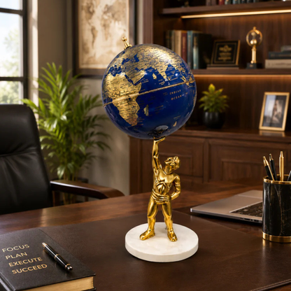 Midnight Blue and Gold World Globe with Atlas Sculpture Stand – Luxury Decorative Desk Globe