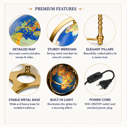 Illuminated World Globe with Gold Metal Stand with LED Light – Premium Desk & Home Décor