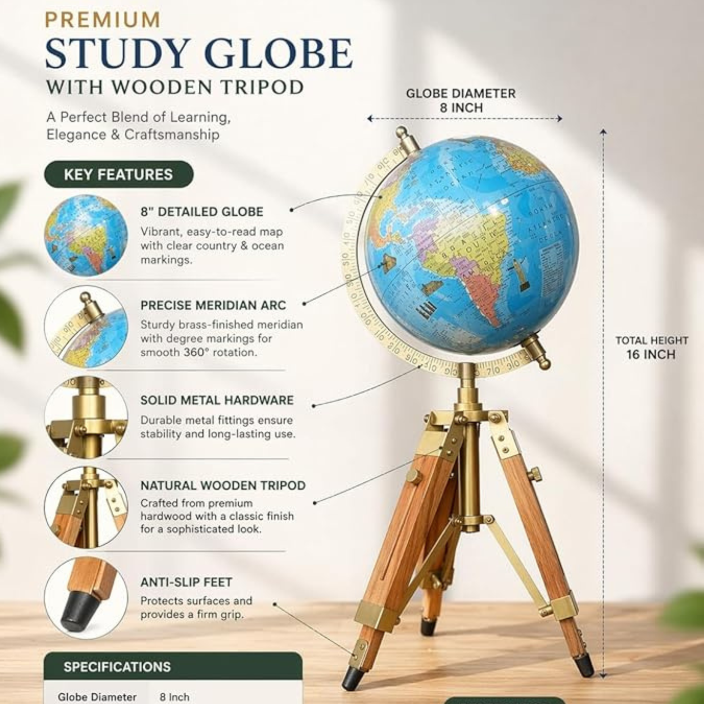 Decorative Globe with Wooden Tripod Stand