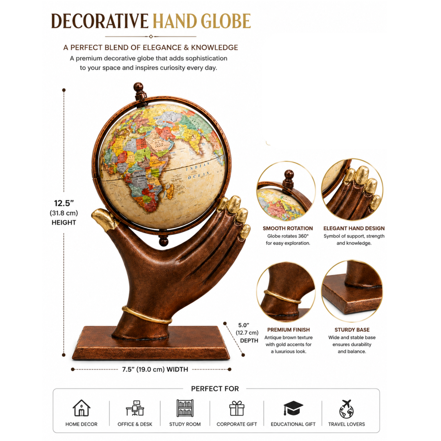 World Globe with Antique Bronze Hand Sculpture Base
