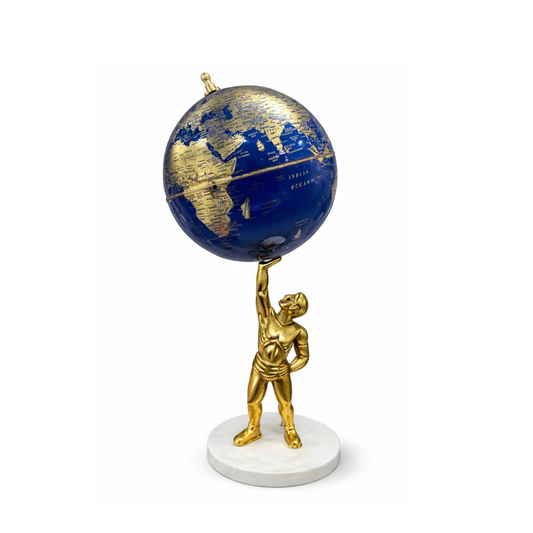 Midnight Blue and Gold World Globe with Atlas Sculpture Stand – Luxury Decorative Desk Globe