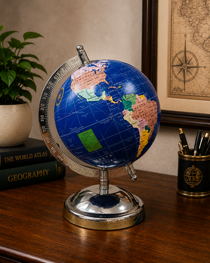 Classic Blue Political World Globe with Chrome Base | Premium Educational & Office Desk Decor