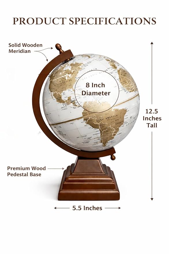 Premium 8” Decorative World Globe with Wooden Base – Antique Style Desk Globe for Office & Study, Educational Geography Globe