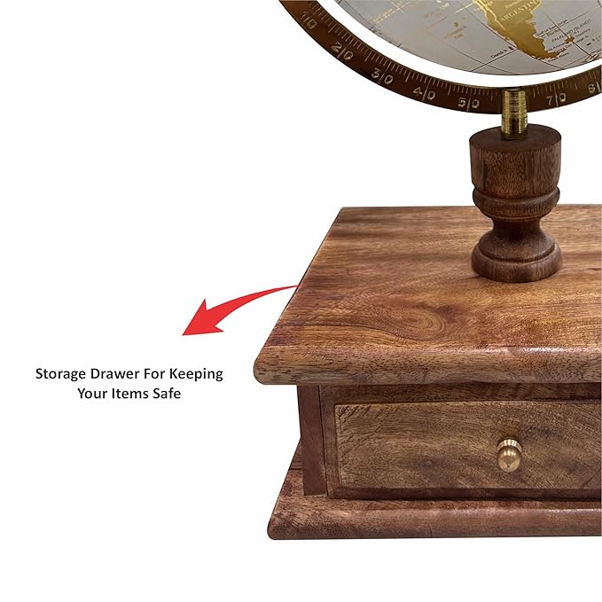 Décorative Gold White Globe Revolving with Wooden Drawer & Metallic Arc