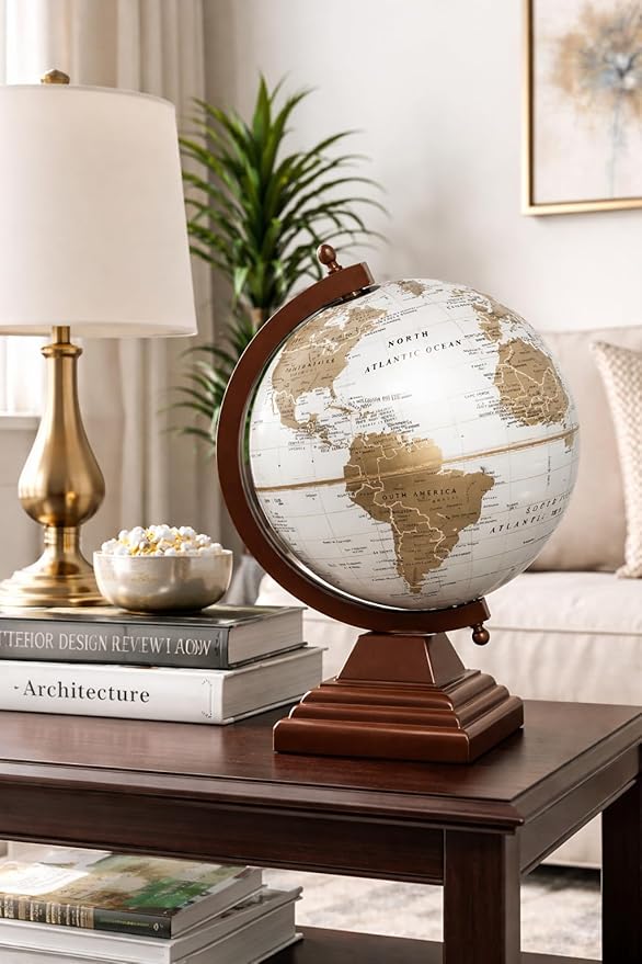 Premium 8” Decorative World Globe with Wooden Base – Antique Style Desk Globe for Office & Study, Educational Geography Globe