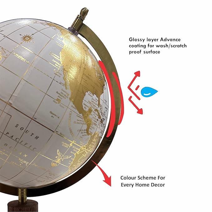 Décorative Gold White Globe Revolving with Wooden Drawer & Metallic Arc