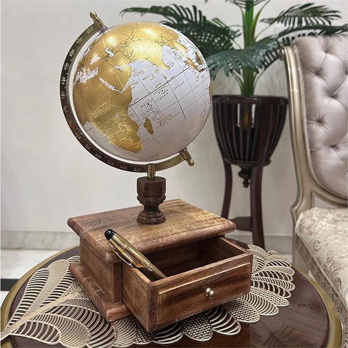 Décorative Gold White Globe Revolving with Wooden Drawer & Metallic Arc