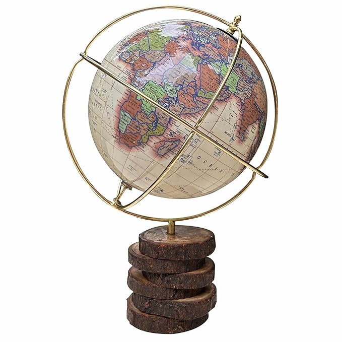 Antique World Globe with Gold Metal Ring and Real Bark Stand