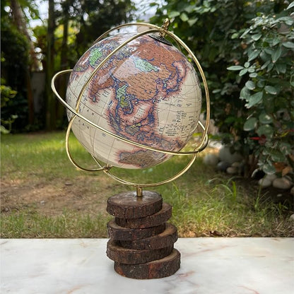 Antique World Globe with Gold Metal Ring and Real Bark Stand