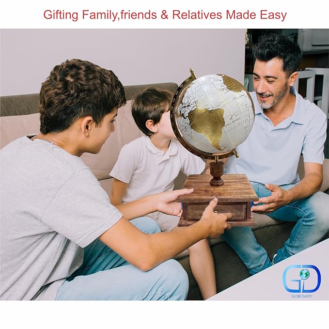 Décorative Gold White Globe Revolving with Wooden Drawer & Metallic Arc
