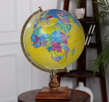 Premium Yellow Political World Globe with Handcrafted Wooden Base | Educational & Decorative Globe for Home, Office & Study