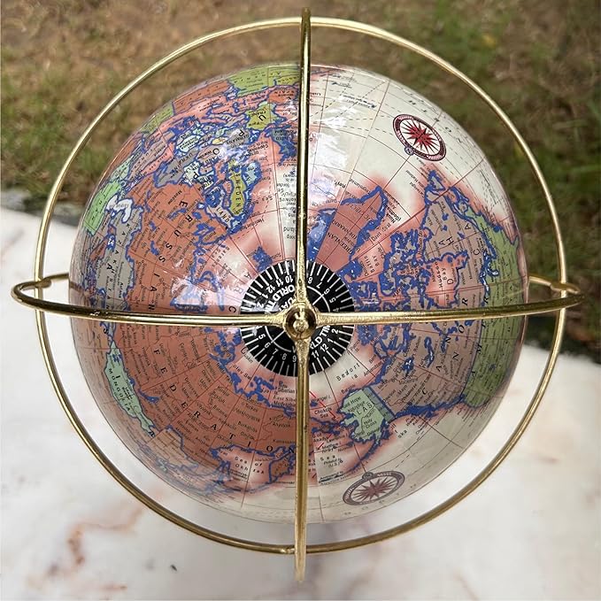 Antique World Globe with Gold Metal Ring and Real Bark Stand