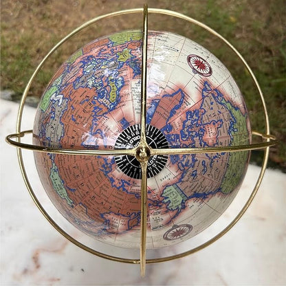 Antique World Globe with Gold Metal Ring and Real Bark Stand