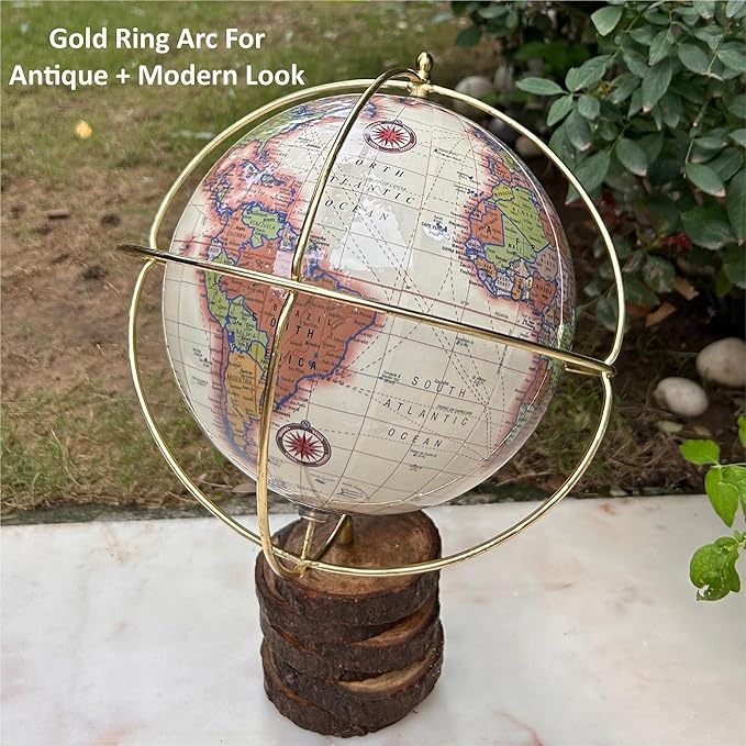 Antique World Globe with Gold Metal Ring and Real Bark Stand