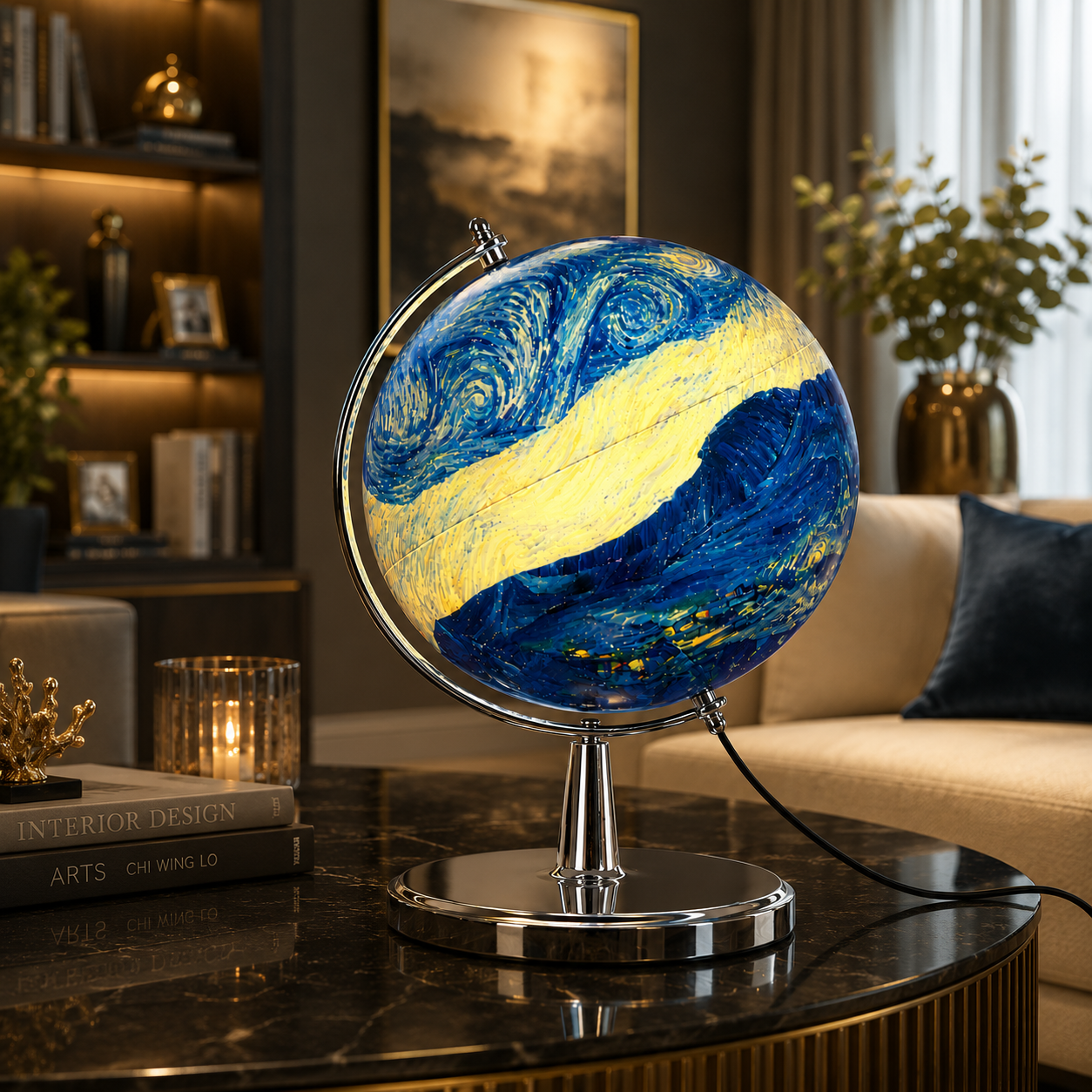 Artistic Blue Swirl Globe Lamp with Chrome Stand – Modern Decorative Table Globe Light