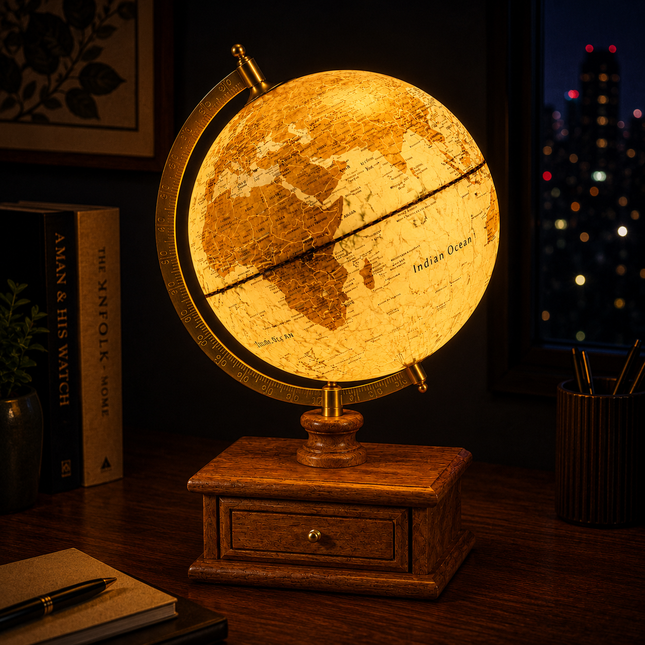 Illuminated Antique Gold World Globe with Wooden Drawer Base
