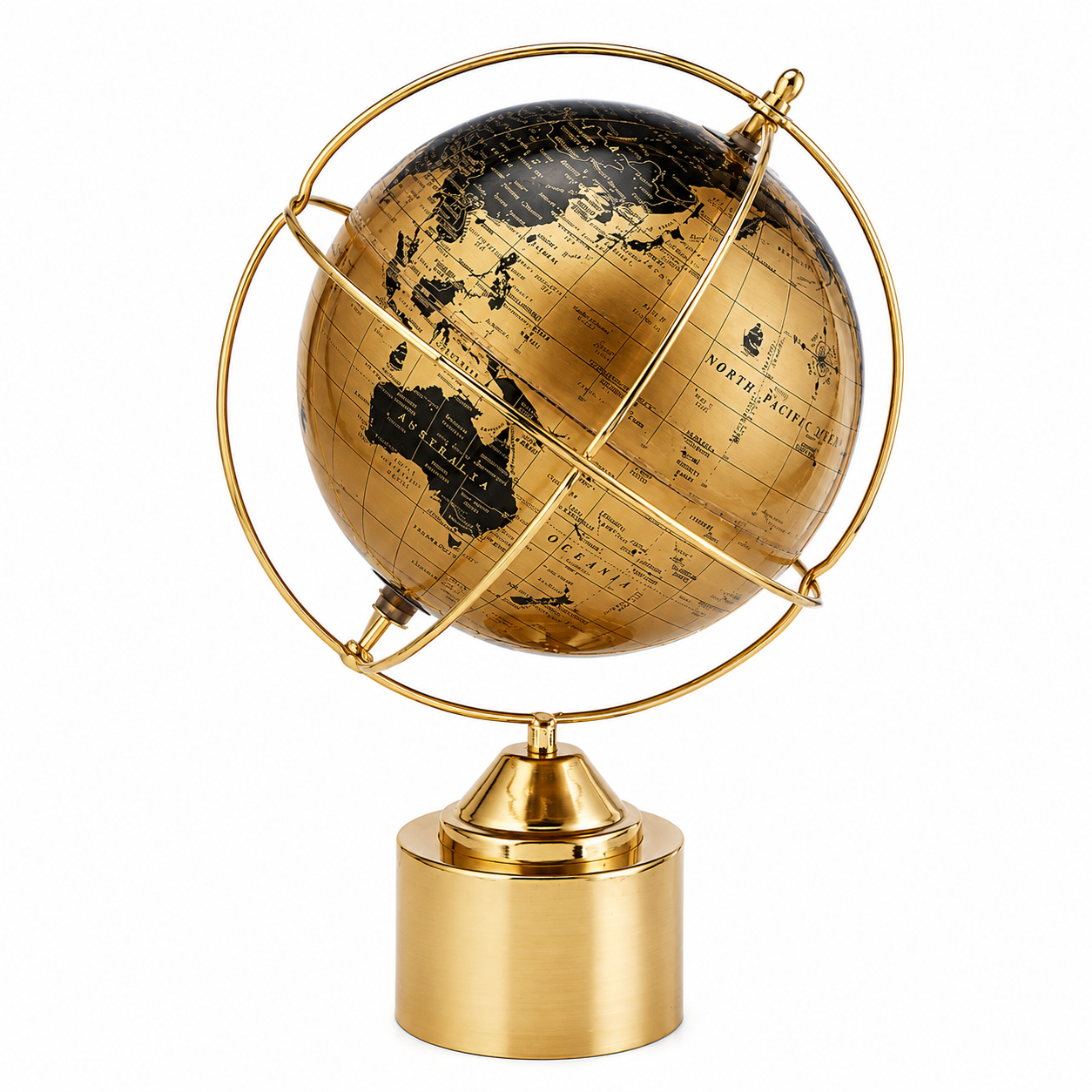 World Globe with Gold Ring and Metal Cylinder Base