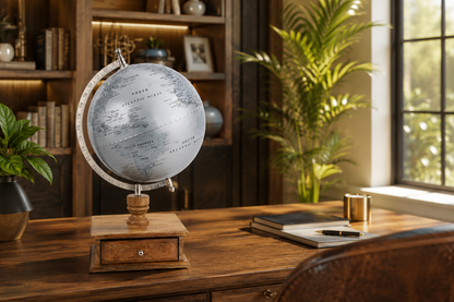 Premium Grey World Globe with Wooden Storage Base | Rotating Desktop Globe | Educational Globe for Home, Office & Study Room Decor