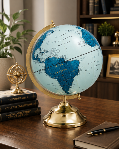 Premium Gold Metal World Globe with Gold Stand | Luxury Rotating Desktop Globe | Home Office Study Table Decor | Educational World Map Globe