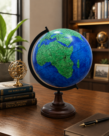 Premium Blue Ocean World Globe with Wooden Base | Rotating Educational Globe for Home, Office & Study Table | Decorative Desktop Globe