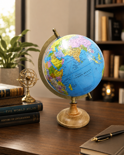 Premium Rotating World Globe with Wooden Base | Educational Political Globe | Office Desk, Study Table & Home Decor | Classic Desktop Globe Gift for Students, Teachers & Travel Lovers