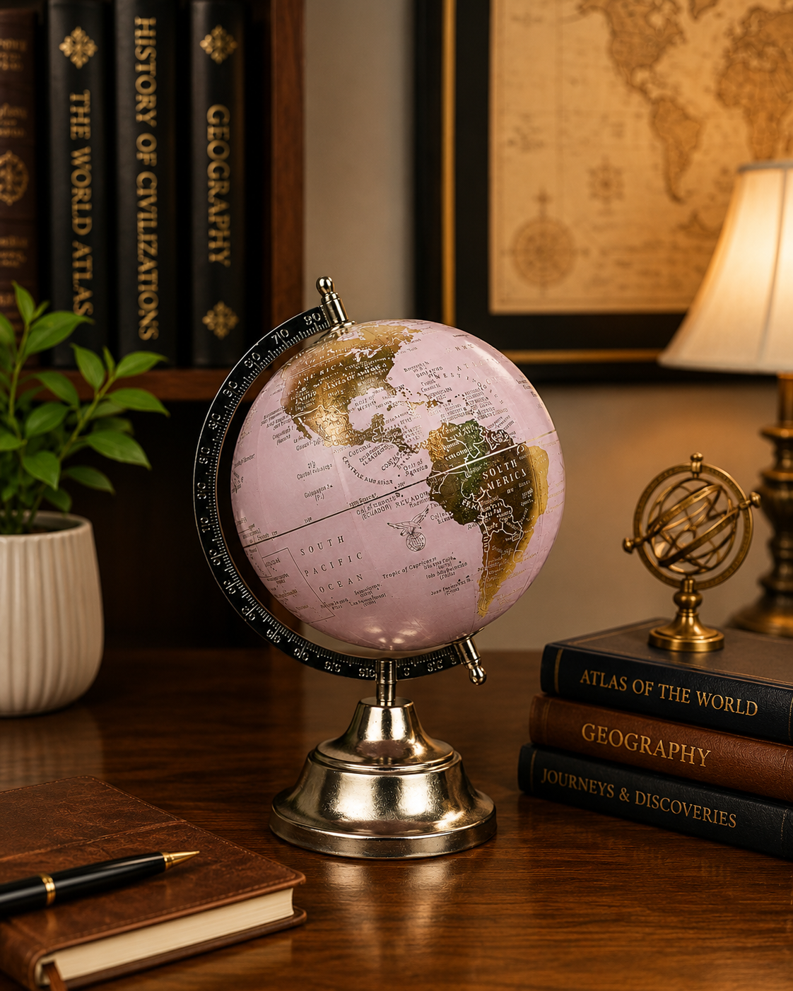 Luxury Pink & Gold World Globe | Premium Metal Base Decorative Globe for Home & Office