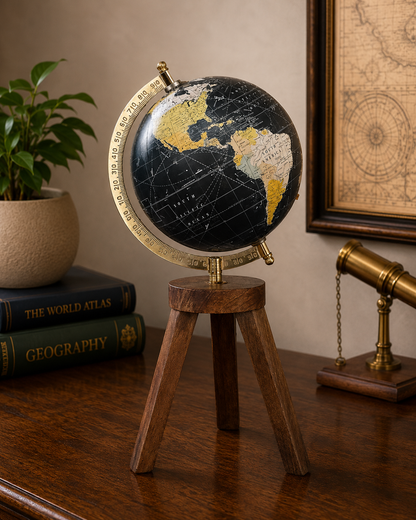 Premium Black & Gold World Globe with Wooden Tripod Stand | Luxury Home & Office Desk Decor | Educational & Decorative Gift