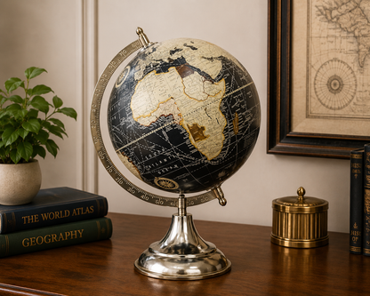 Luxury Black & Gold Antique World Globe – Premium Metal Base Decorative Globe | Office Desk, Home & Study Room Décor | Educational & Gift Item