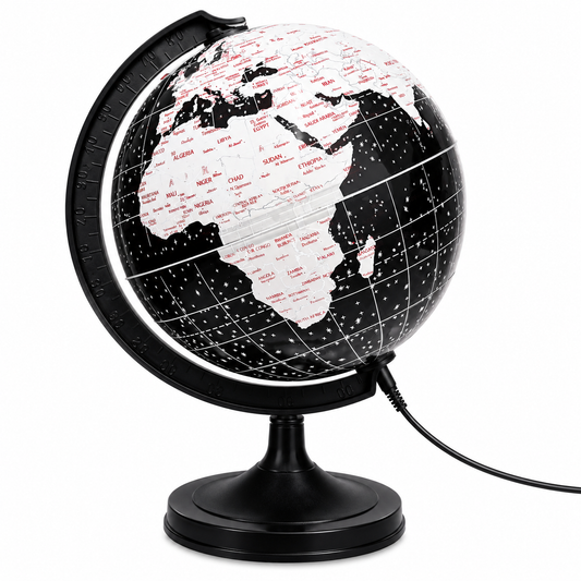 8 Inch Illuminated World Globe with LED Light, Black & White Political Map, Educational Rotating Earth Globe for Kids, Students & Office Desk, Geography Learning Globe with Sturdy Black Stand