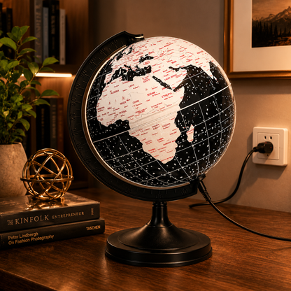 8 Inch Illuminated World Globe with LED Light, Black & White Political Map, Educational Rotating Earth Globe for Kids, Students & Office Desk, Geography Learning Globe with Sturdy Black Stand