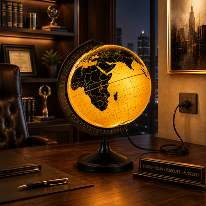 Black & Gold Illuminated World Globe | LED Light Globe | Luxury Desk Decor & Educational Globe
