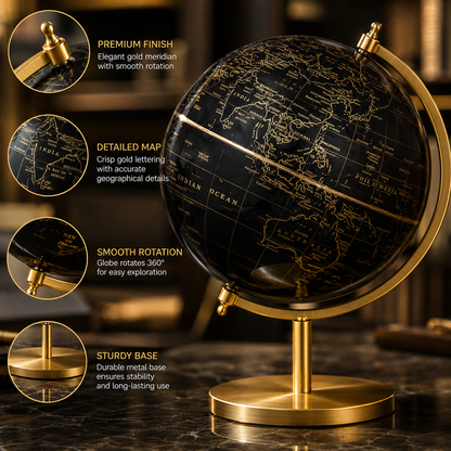Black & Gold Luxury World Globe with Metallic Gold Stand
