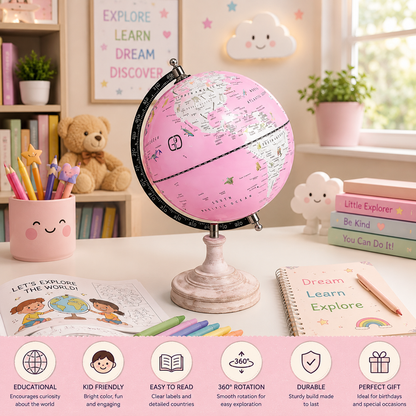 Elegant Pink Political World Globe with wooden base