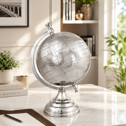 Elegant Silver World Globe | Rotating Desktop Globe for Home, Office, Library & Study Room