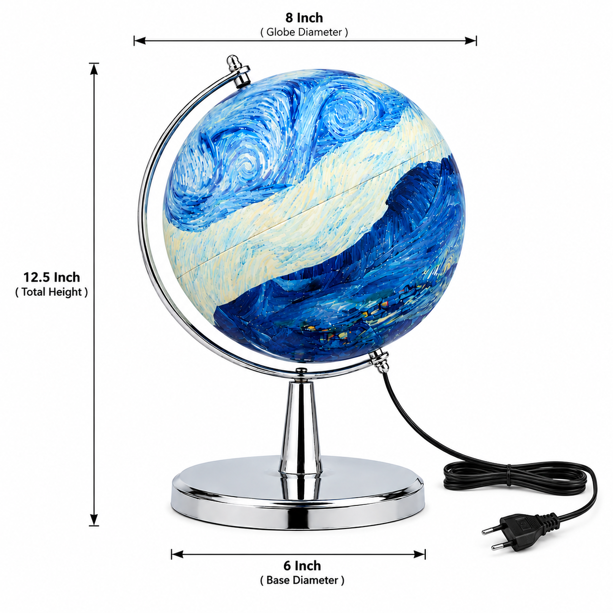 Artistic Blue Swirl Globe Lamp with Chrome Stand – Modern Decorative Table Globe Light