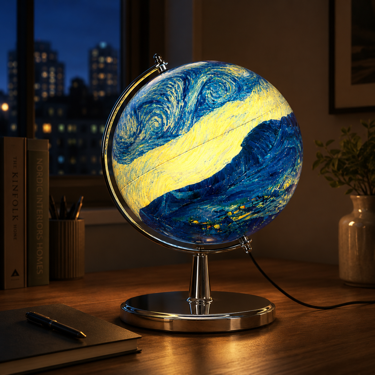 Artistic Blue Swirl Globe Lamp with Chrome Stand – Modern Decorative Table Globe Light