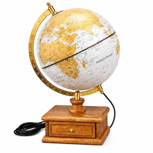 Illuminated Antique Gold World Globe with Wooden Drawer Base